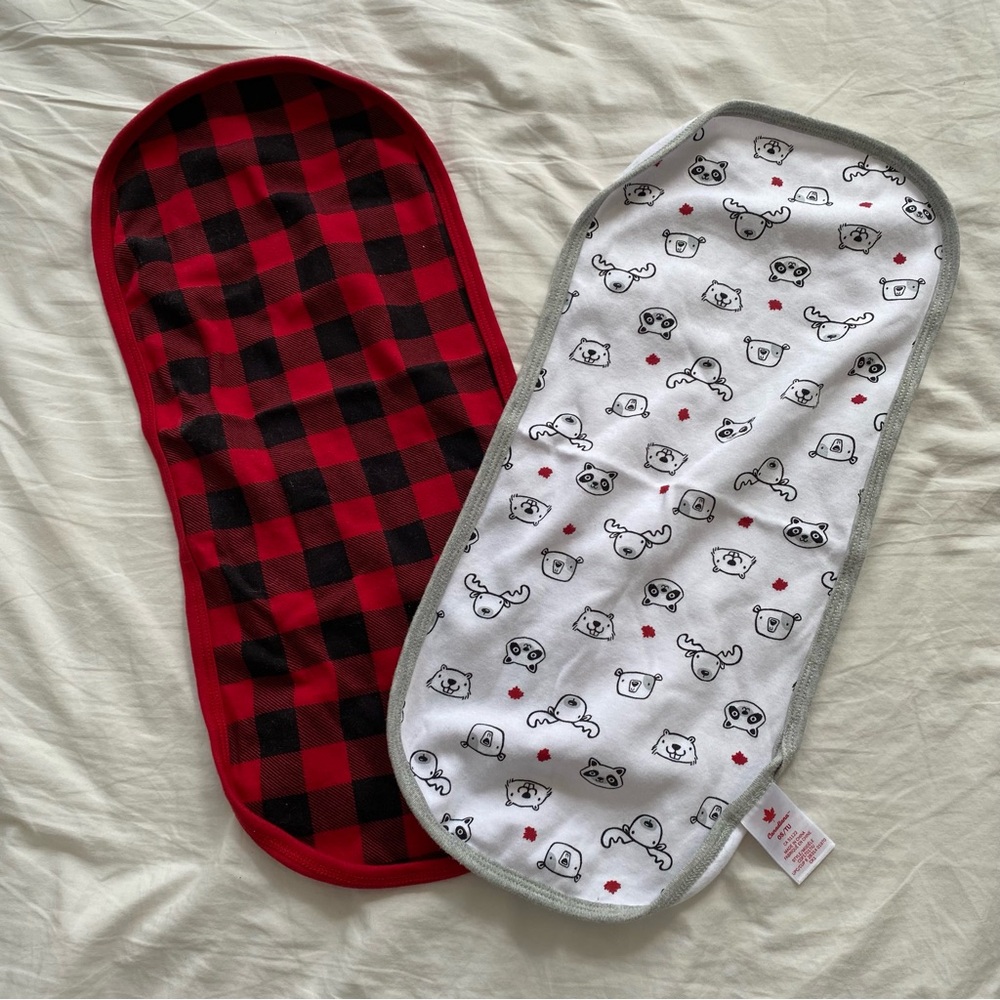Baby Burp Cloth Duo - Red Buffalo Plaid & White Animal Print